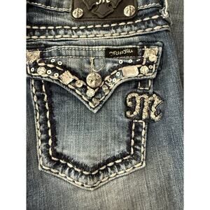 Women's Miss Me Easy Boot Jean Embellished Rhinestone Pockets Size 29 Dark Blue
